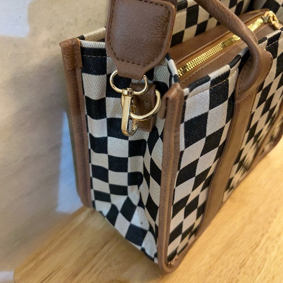 Elegant Canvas Checkered Crossbody with Top Handles Tan Leather - Picture 7 of 12